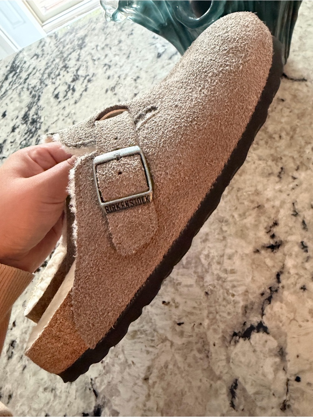 Birkenstock Suede Clog in Light Taupe with Dark Sole